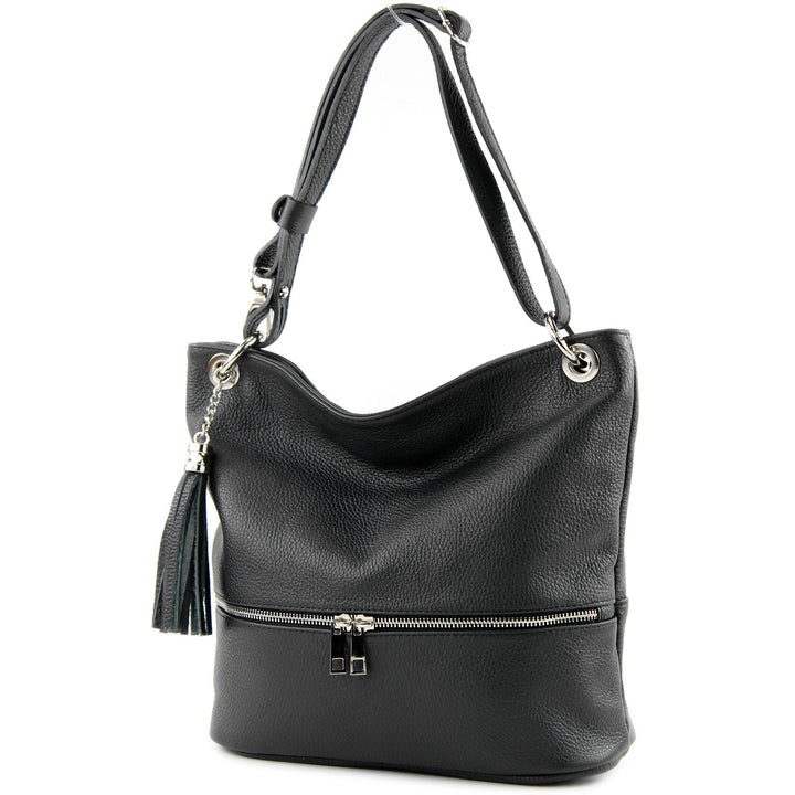 modamoda de - T143 - ital. Leder Schultertasche Umhängetasche Schwarz2021, Schwarz2021