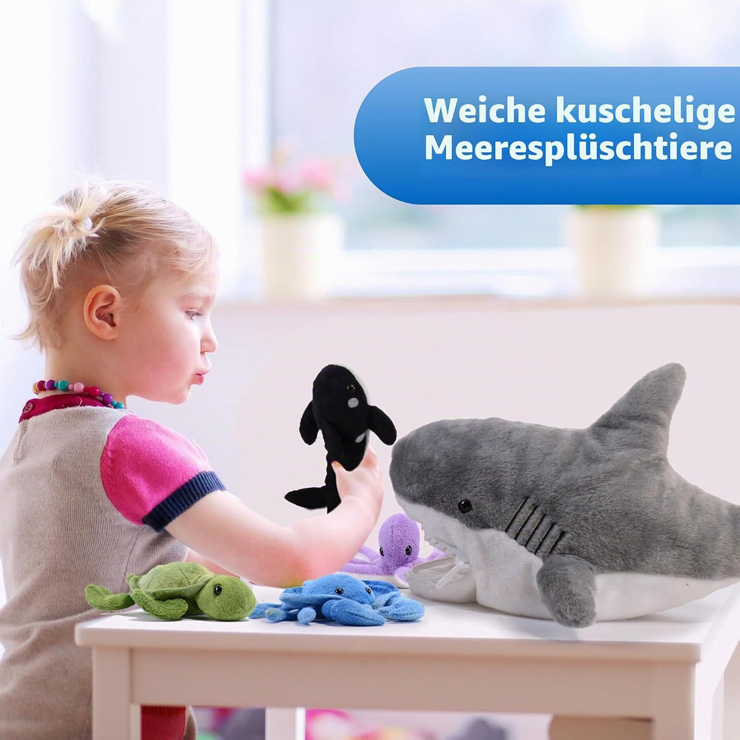 Prextex 38 cm grosser Plüsch-Hai plus 5 weiche Plüsch-Meerestiere, Kuscheltiere Stofftiere wie Oktop