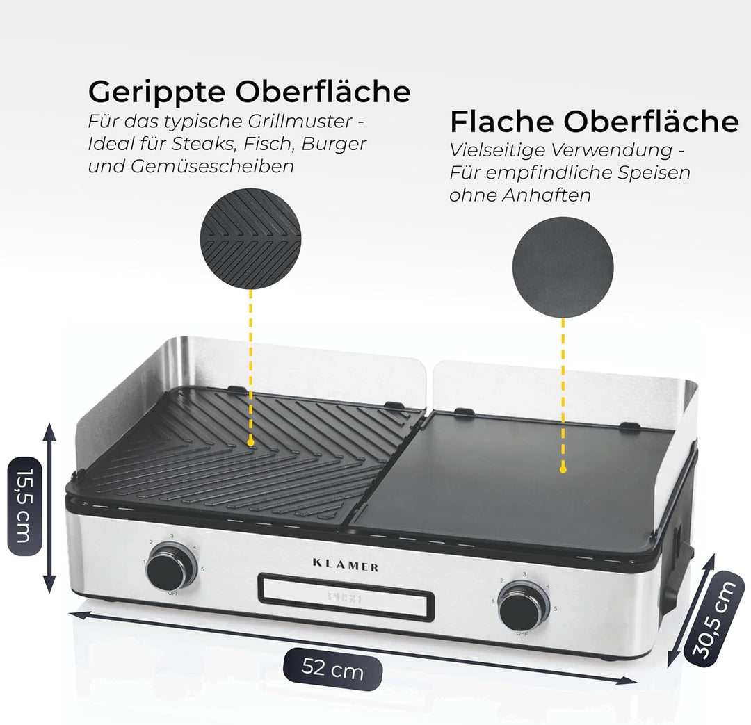 KLAMER Elektrogrill, antihaftbeschichtete und abnehmbare Duo-Platten, separate Temperatureinstellung