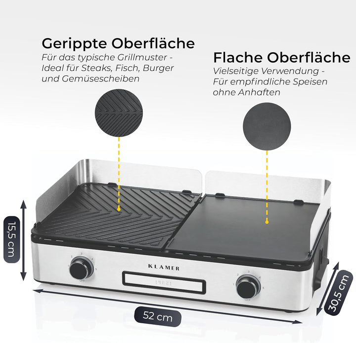 KLAMER Elektrogrill, antihaftbeschichtete und abnehmbare Duo-Platten, separate Temperatureinstellung