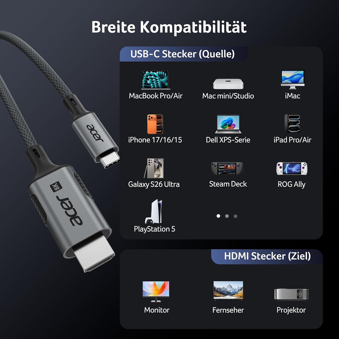 Acer USB C auf HDMI 2.1 Kabel 8K@60Hz 2m, 4K@240/144/120Hz Typ-c Thunderbolt 3/4/5 zu HDMI Adapter k