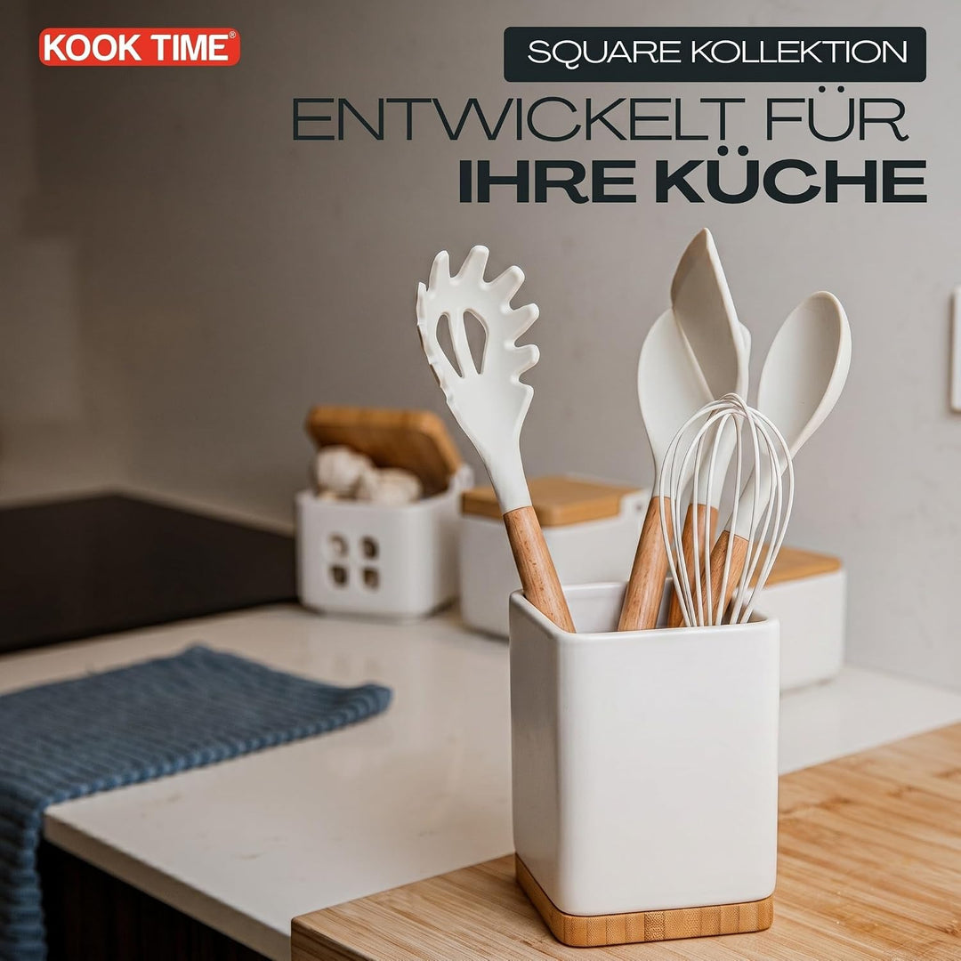 KOOK TIME Küchenutensilienhalter - Utensilienhalter küche aus keramik und Bambus - Quadratischer küc