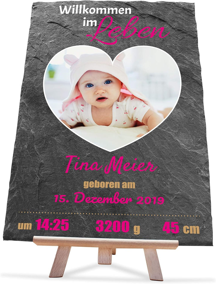 wandmotiv24 Personalisierbare Schiefertafel als Geschenk zur Geburt, 20 x 30 cm, Staffelei, Foto & G