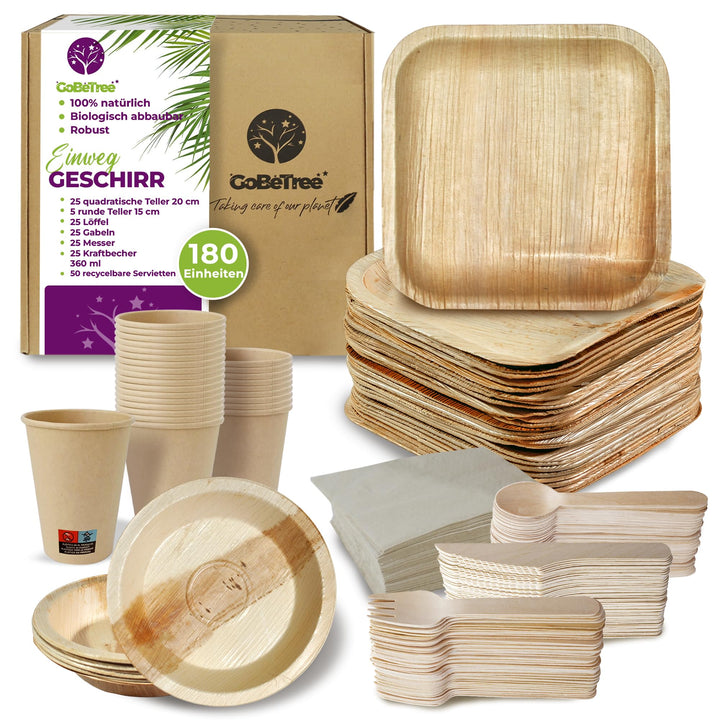 GoBeTree – Einweggeschirr aus Palmblättern – 180-Teilig Geschirrset für 25 Gäste, Bio abbaubare Tell