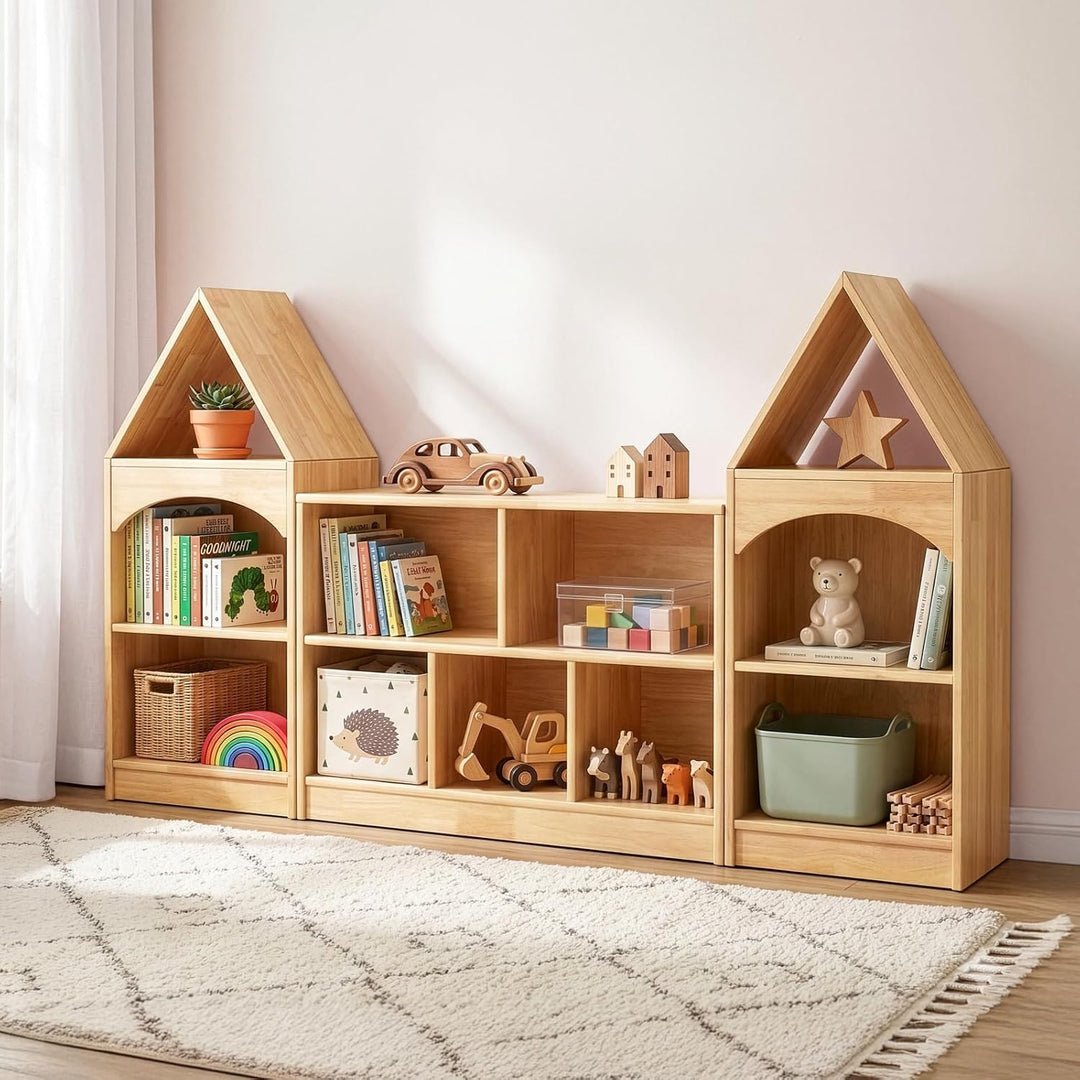 OOOK Gummiholz Kinderregal Spielzeugschrank, Spielzeugregal mit 2 grossen Fächern und 3 kleinen Fäch