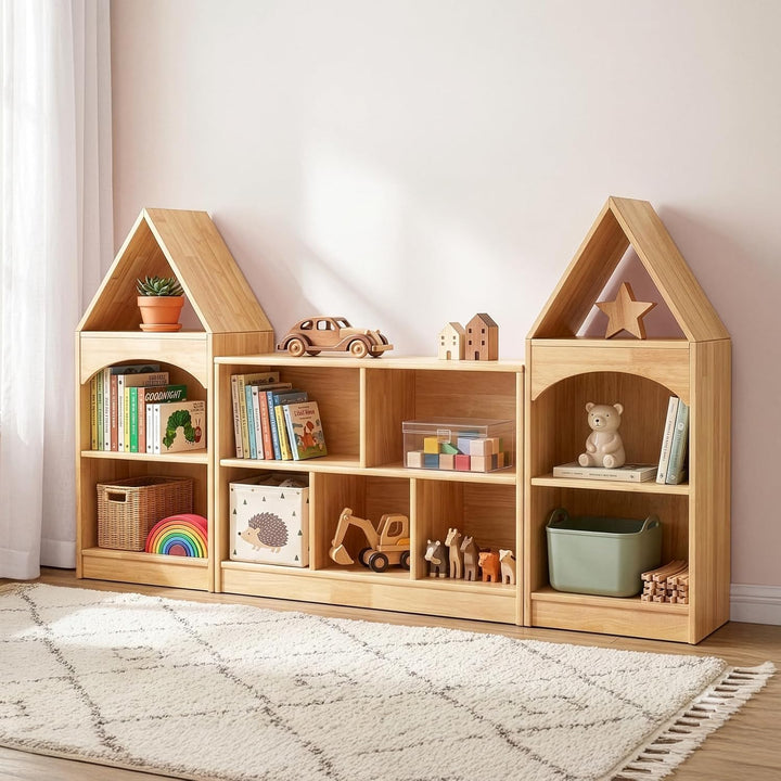 OOOK Gummiholz Kinderregal Spielzeugschrank, Spielzeugregal mit 2 grossen Fächern und 3 kleinen Fäch
