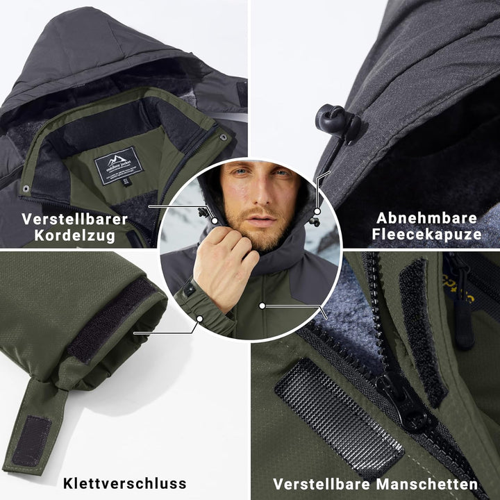 KEFITEVD Herren Skijacke Atmungsaktiv Warm Gefüttert Winterjacke mit Abnehmbarer Kapuze Snowboardjac