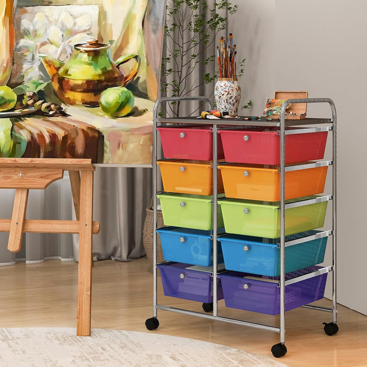 GOPLUS Rollwagen mit 10 Schubladen stapelbar, Rollcontainer mit Ablage & Metallgestell, Badregal, Au