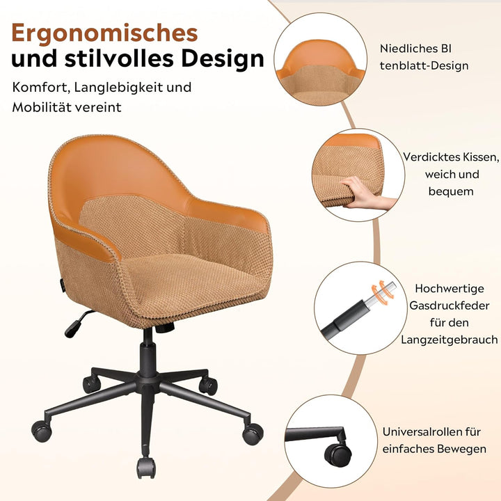 DEVAISE Homeoffice Stuhl, Ergonomischer Schminktischstuhl mit 9 cm Kissen, neigbar bis 105°, höhenve