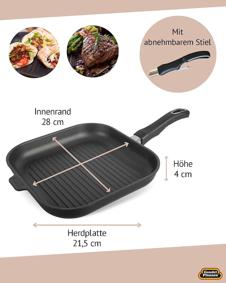 Original Gundel GUSS-QUADRAT-GRILLPFANNE flach, 28 x 28 cm, Höhe 4 cm, BIOTAN-Oberfläche - abnehmbar