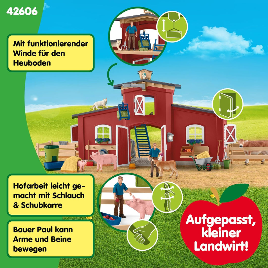 schleich FARM WORLD | Grosse rote Farm mit Bauernhaus 42606 | Set inkl. Haus, Bauer, Kuh, Schwein, K