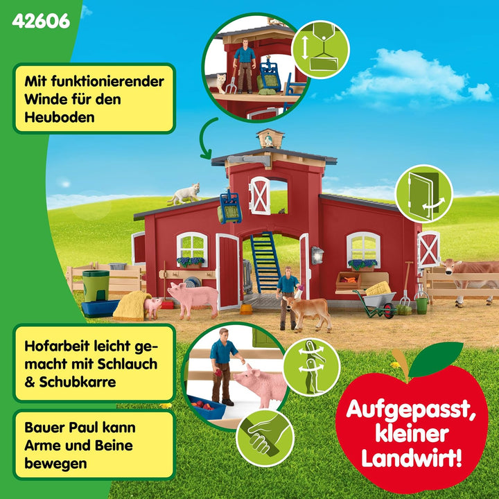 schleich FARM WORLD | Grosse rote Farm mit Bauernhaus 42606 | Set inkl. Haus, Bauer, Kuh, Schwein, K