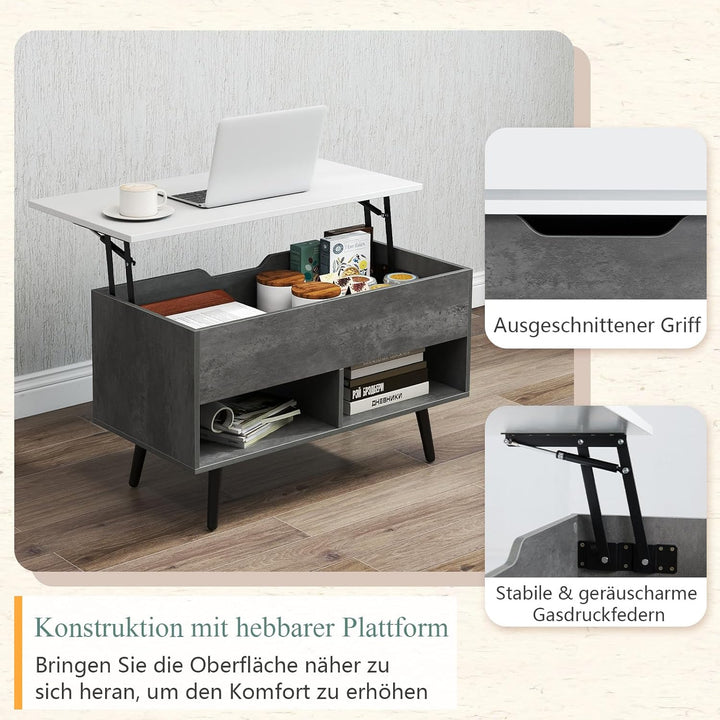 COSTWAY Couchtisch höhenverstellbar, Sofatisch mit anhebbarer Tischplatte & 2 offenen Regalen, auszi