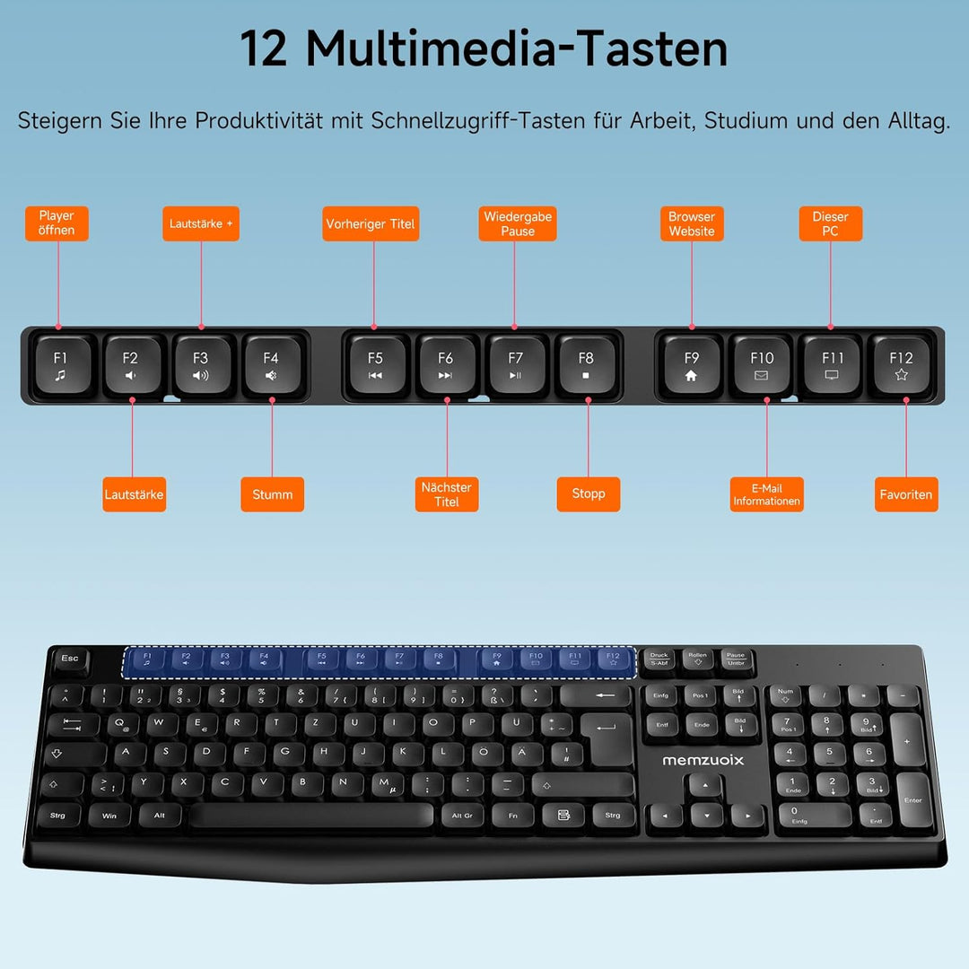 QWERTZ Kabelloses Tastatur Maus Set, Full Size 105-Tasten Tastatur mit Nummernblock, 2.4GHz Funk mit