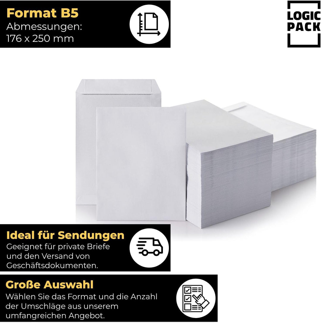 1000 Briefumschläge ohne Fenster DIN B5 Umschläge Weiss haftklebend 176 x 250 mm 80g/m² Versandtasch