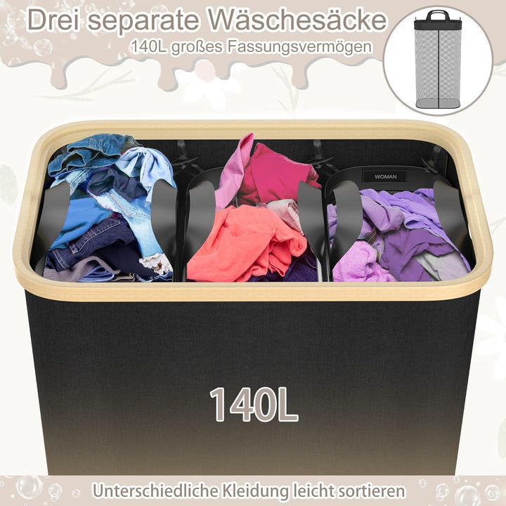 UISEBRT Wäschekorb mit Deckel, Wäschesammler 3 Fächer, 140L Wäschesack Schmal Faltbare Wäschekörbe,