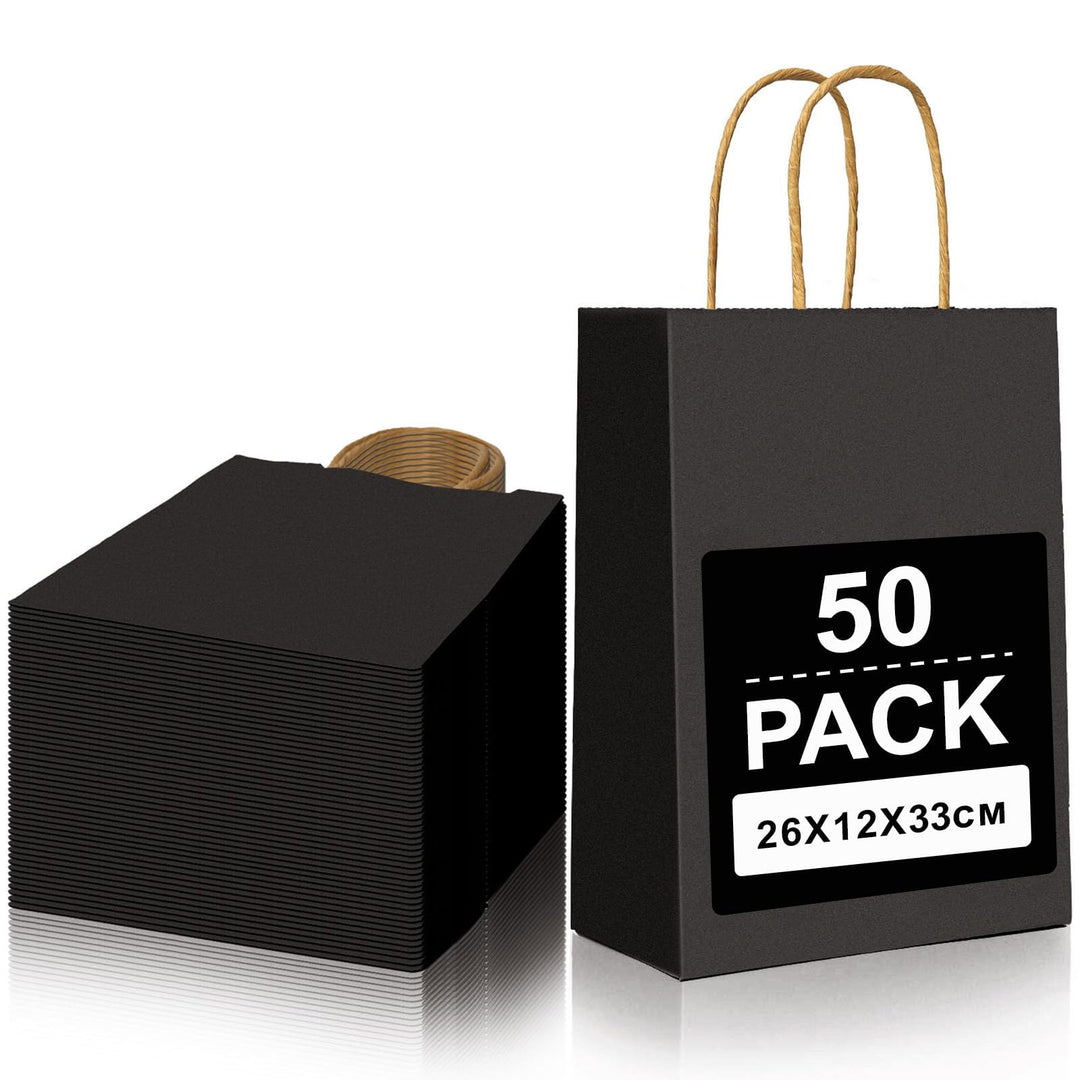 Gucass 50 Stück Gross Papiertüten mit Henkel, Schwarz Kraft Papiertaschen Geschenktüten, 26x12x33cm