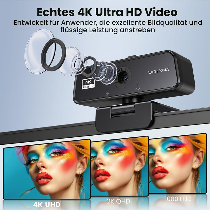 4K Webcam mit Autofokus – Ultra HD Streaming Kamera mit Integriertem Mikrofon &amp; Automatischer Lichtk