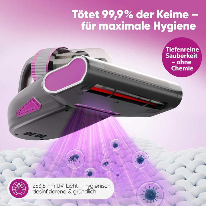 Milbensauger für Matratzen [UV-Licht 99,9% Milbenentfernung] 9600 Pa Kabellos 2600 mAh Warmluft Matr