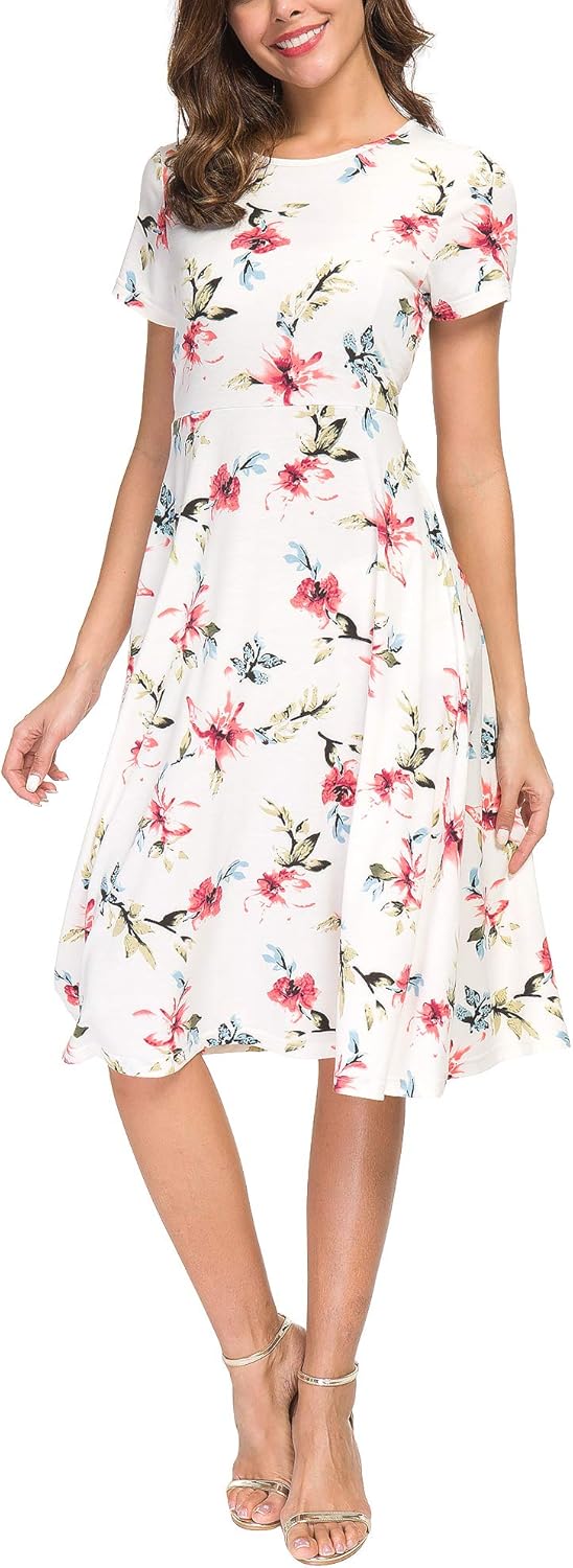 EXCHIC Damen Elegant Blumendruck Kleid Rundhals Knielang Kleider, M 5