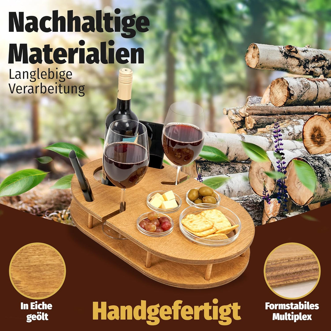 Couchbar Weinbar in Eiche mit 4 Glasschalen | PERSONALISIERBAR | Snackbox für Wein mit Getränkehalte