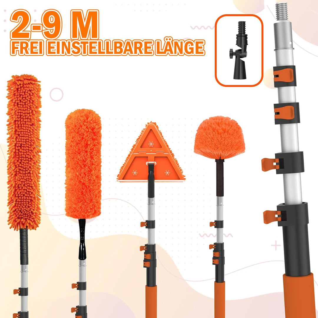 LAANPOLE 9m Staubwedel Teleskop, 6 Stück Spinnwebenbesen mit Teleskopstiel, Profi Fensterputzer Set