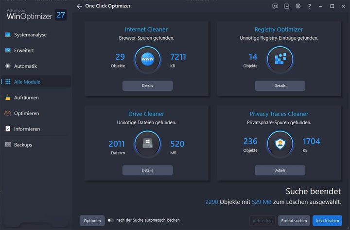 WinOptimizer 27 - 3 USER Lizenz - Tuning für Windows 11 10 7 - unbegrenzte Laufzeit - Sicher, Sauber