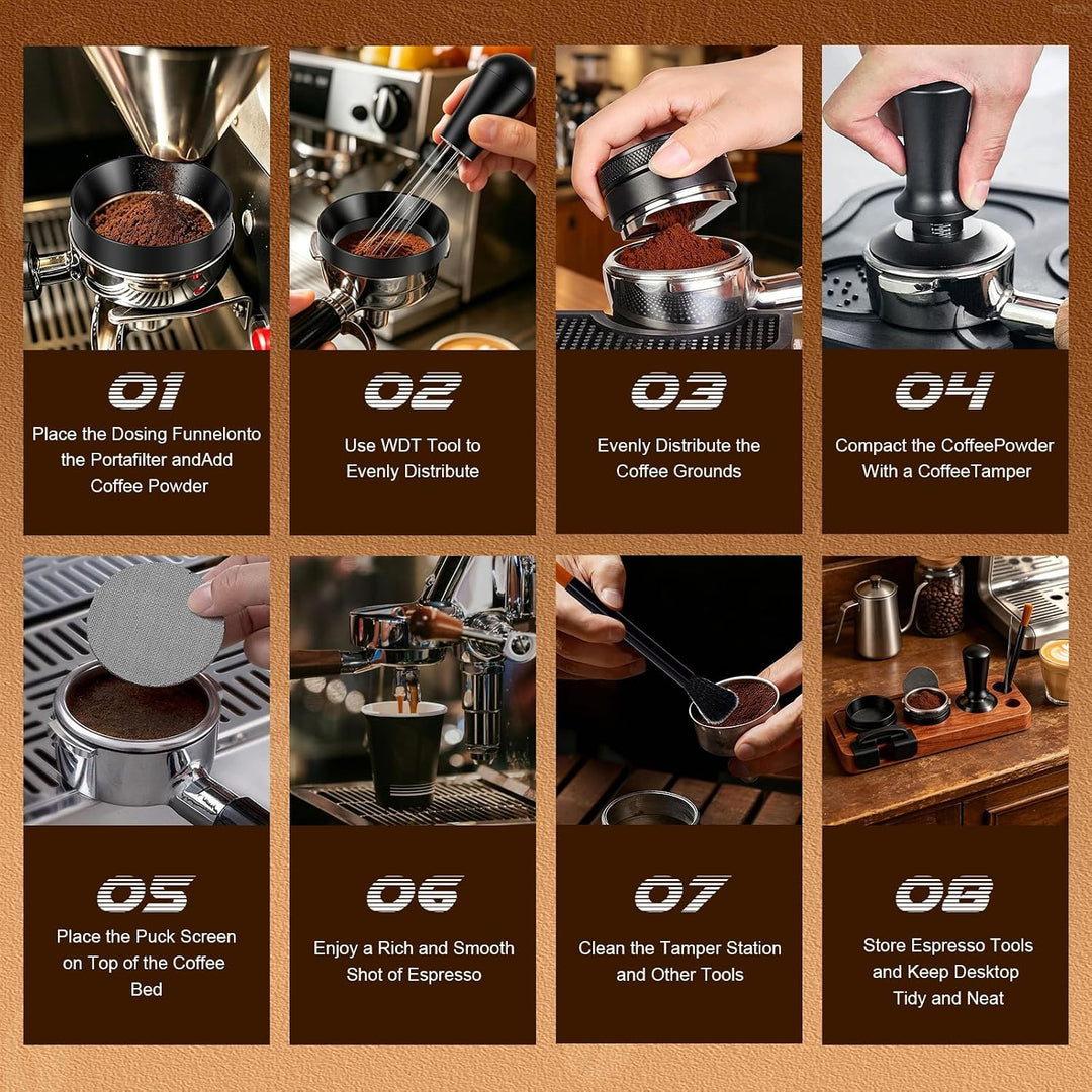 Espresso Zubehör Set 8-teilig, 51mm Kaffee Tamper mit Tamperstation und WDT Werkzeug, Verteilwerkzeu