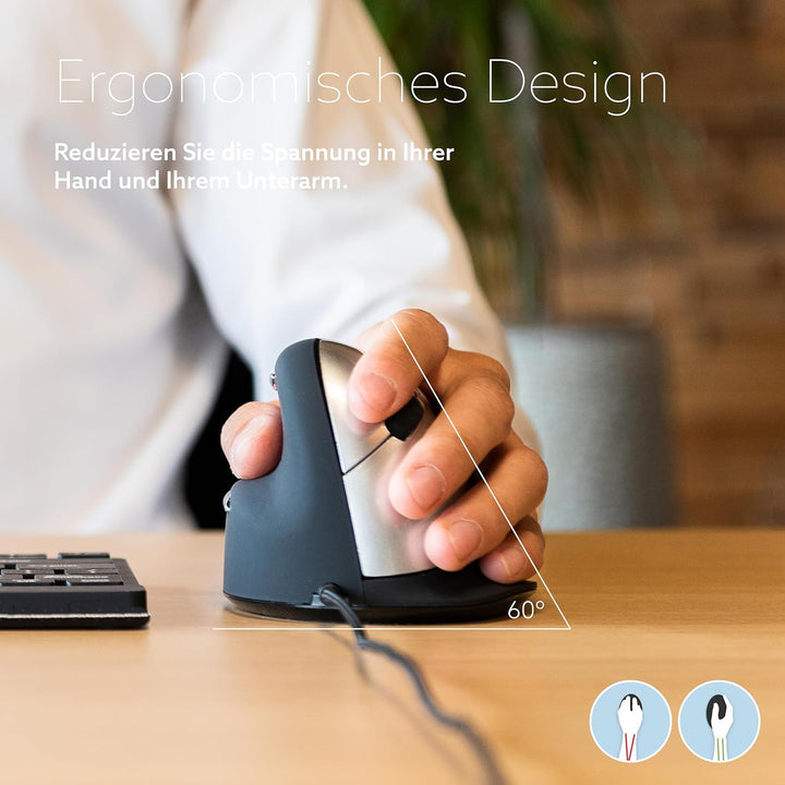 R-Go HE Ergonomische Maus, Für linkshänder, Mit Break-Software, (USB C Kabelkabelgebunden + USB A Ko