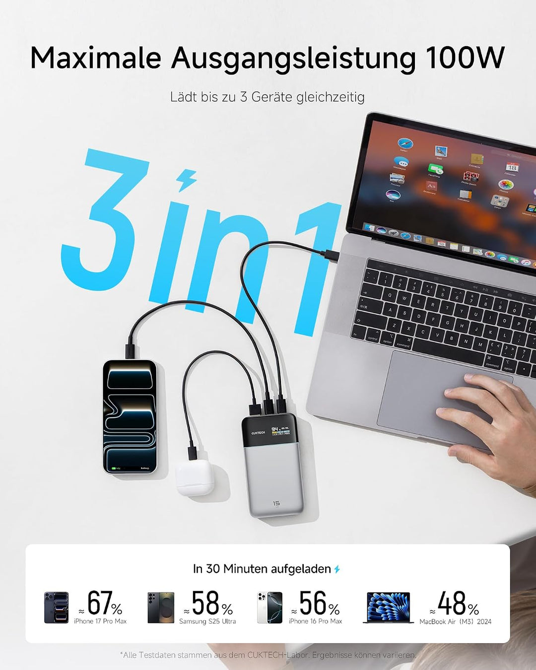 CUKTECH 15 Air 15000mAh Power Bank, Gesamt 100W Powerbank mit digitalem Display und Schnellladefunkt