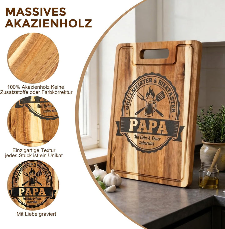 Vatertagsgeschenk für Papa - Graviertes Akazienholz Schneidebrett XXL Dick 2CM, Papa Geschenk Geburt