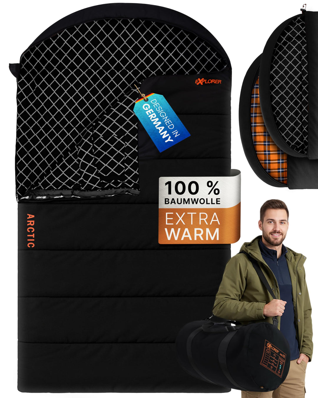 EXPLORER Arctic XXL Deckenschlafsack Winter -24°C Extrem – Camping Schlafsack aus 100% Baumwolle & F