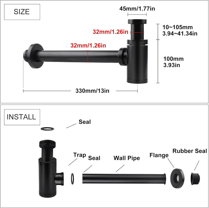 Siphon Schwarz 1 1/4" x Ø 32 mm Edelstahl Syphon Geruchsverschluss Verstellbar Universal Röhrensipho