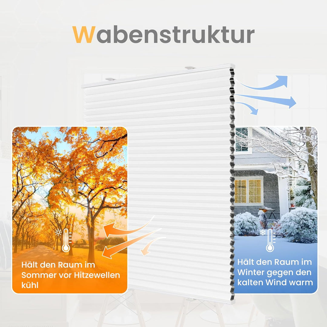 BelleMax Wabenplissee ohne Bohren verdunkelung Thermo plissee klemmfix, Weiss-weiss 90x90cm 100% Bli