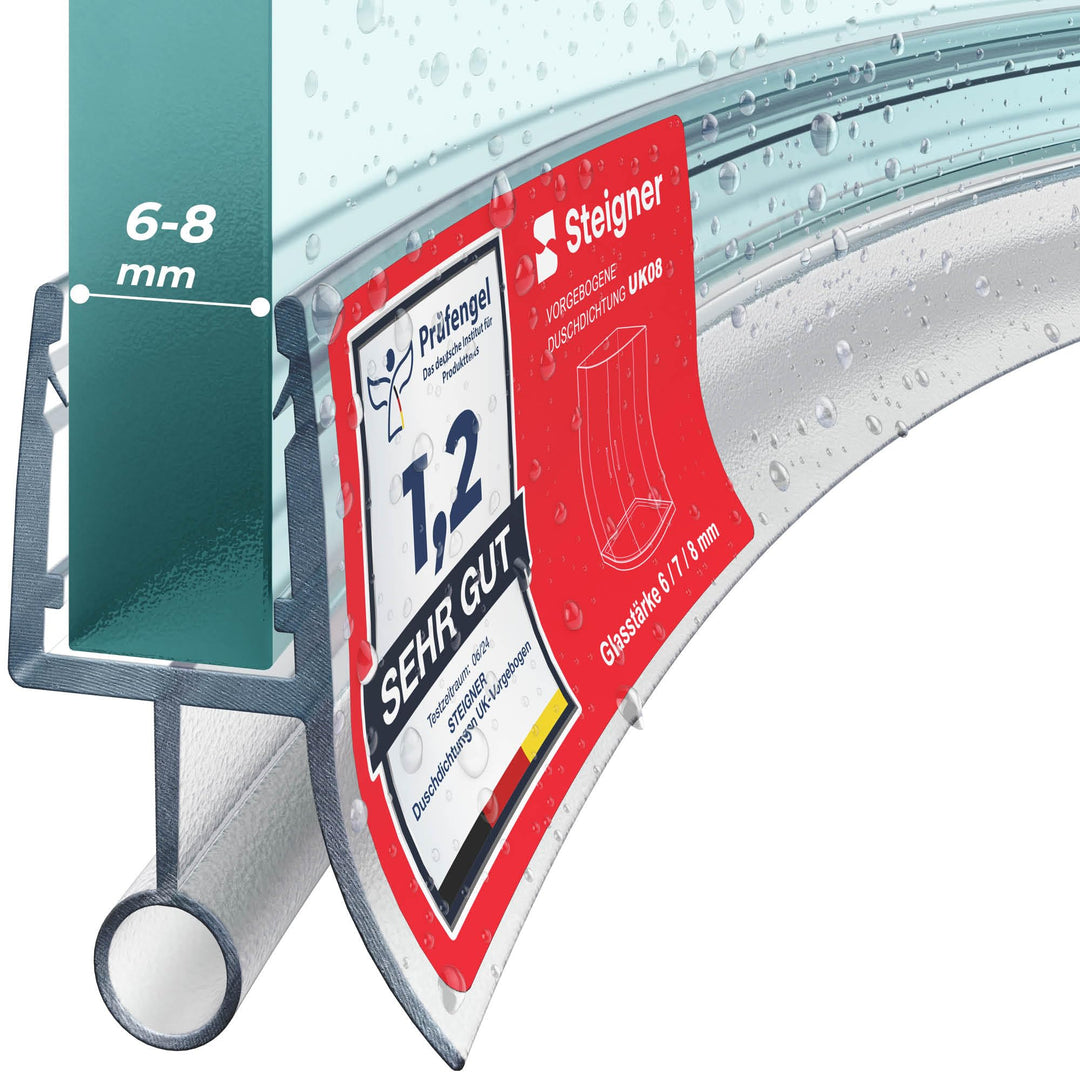 STEIGNER Duschdichtung, 120cm, Glasstärke 6/7/ 8 mm, Gebogene PVC Ersatzdichtung für Runddusche, UK0