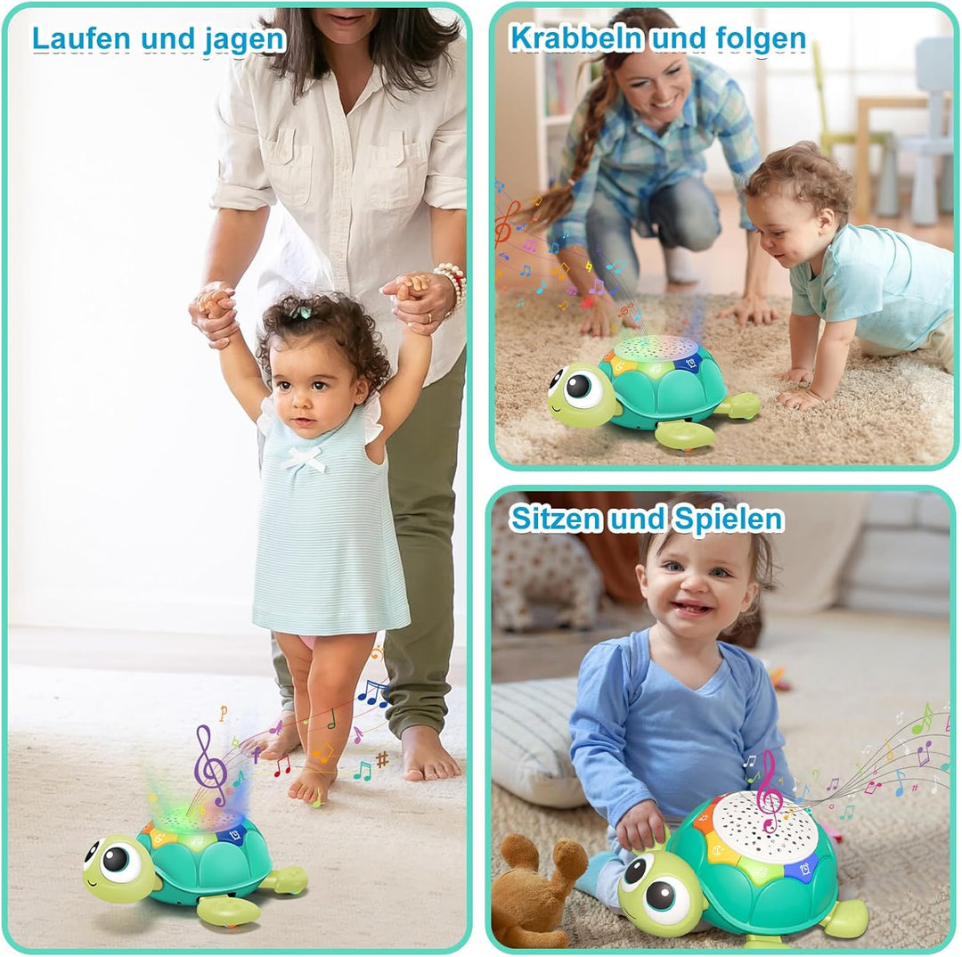 Baby Krabbel Spielzeug 6-18 Monate, Krabbel Schildkröte mit Musik und Sternprojektion, Pädagogisches