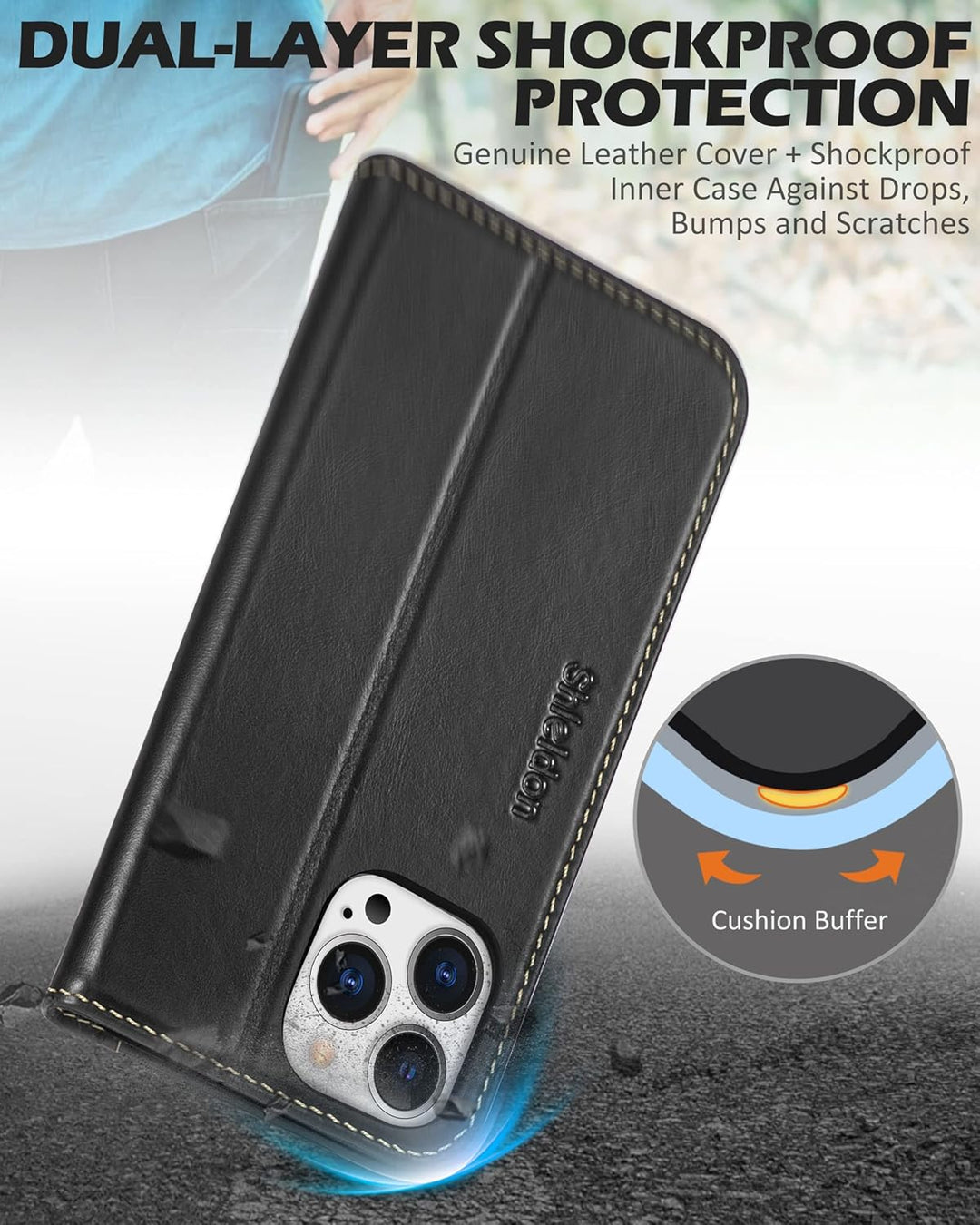 SHIELDON Hülle für iPhone 13 Pro Max, Stossfeste Schuzhülle [Echtleder] [Kartenfach] [Stand] [Verdic