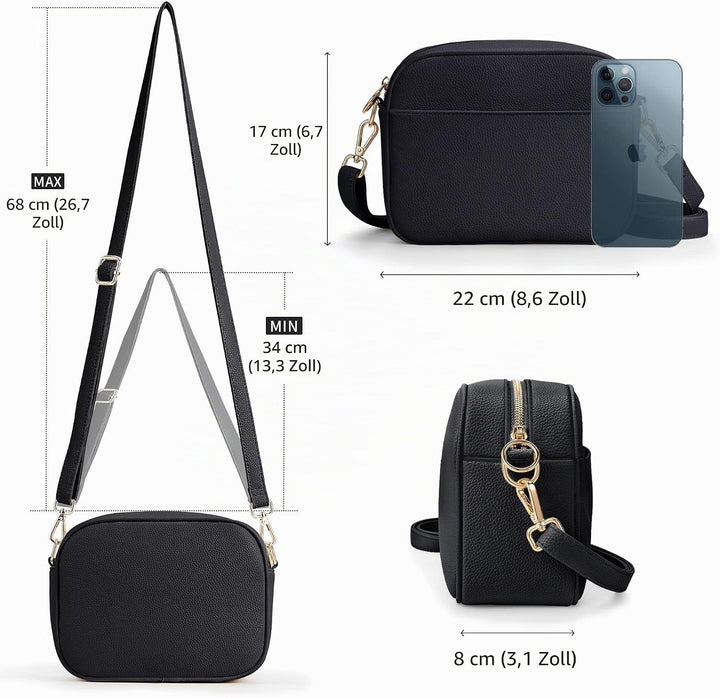 KALIDI Damen Umhängetasche, stylisch Veganem Leder Breiter Gurt Crossbody Schultertasch mit 2 abnehm