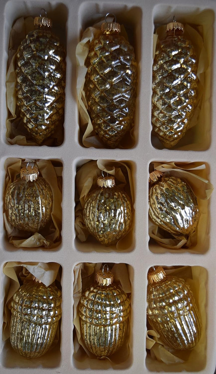 Dekohelden24 Lauschaer Christbaumschmuck - 9er Set, Zapfen - Eicheln - Walnüsse, 8 cm in Gold mit go
