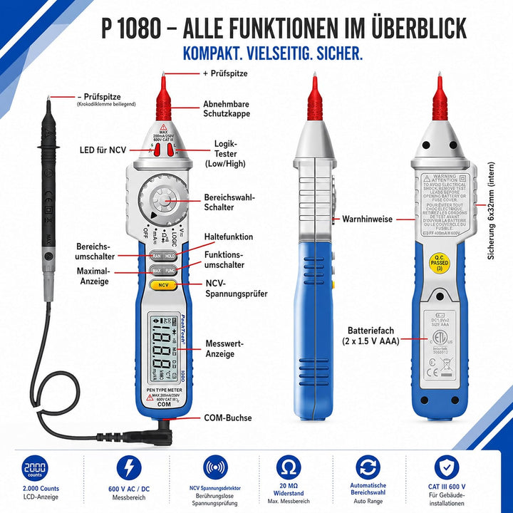 Digitales Stift-Multimeter, NCV Digitaler Spannungsprüfer mit LED-Anzeige, Voltmeter, elektronisches