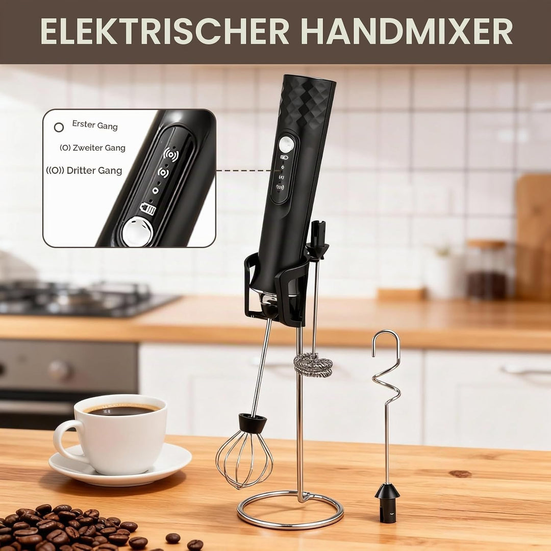 Milchaufschäumer Elektrisch Stab, USB Wiederaufladbarer Aufschäumer con Ständer, 3 Abnehmbarem Schne