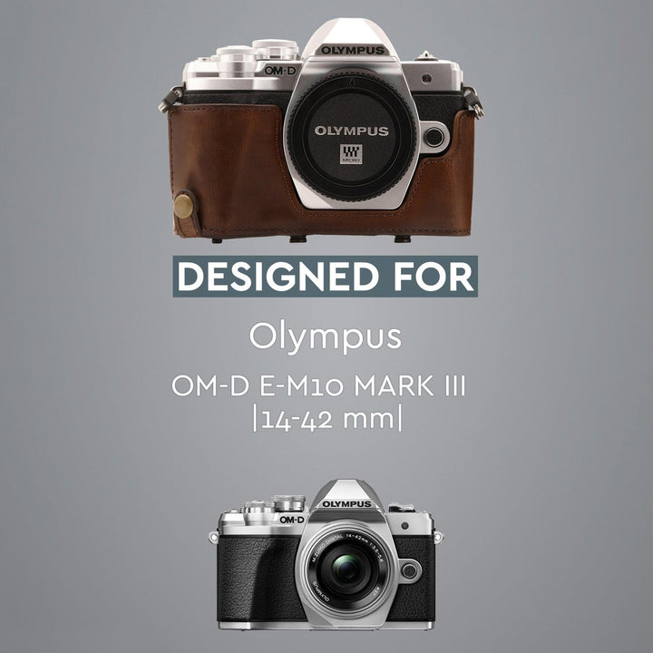 MegaGear Olympus OM-D E-M10 Mark III (14-42mm) Ever Ready Leder Kamera-Case mit Trageriemen und Batt