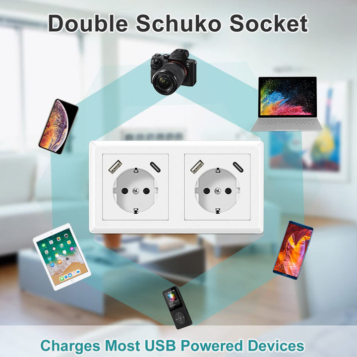 USB Steckdose, Kaifire Schuko Doppelsteckdose mit 2 USB Anschluss und 2 Typ C System 55 Schutzkontak