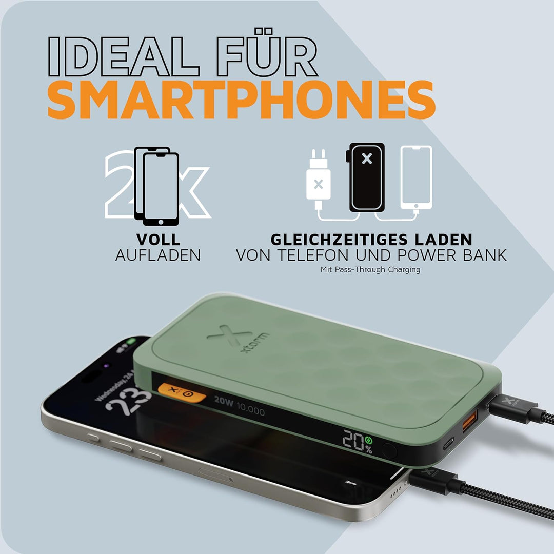 Xtorm Fuel Series 5 20W Powerbank, 10.000mAh, 2 x USB-C / 1 x USB-A, Flugzeugfest, Geeignet für Sams