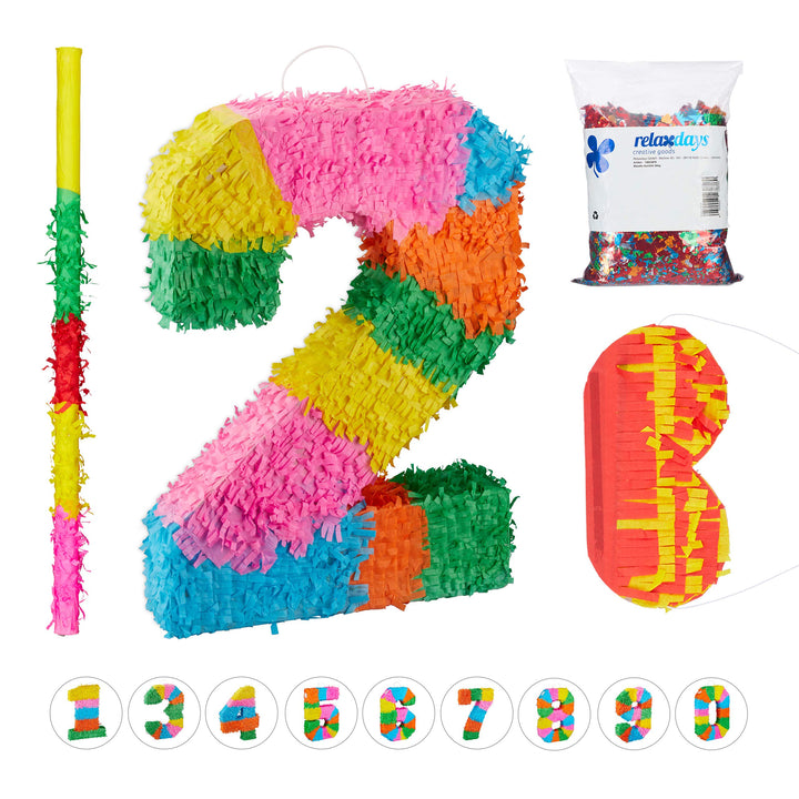 Relaxdays 4 TLG. Pinata Set Geburtstag Zahl 2, XXL Konfetti Sack, Pinatastab mit Augenmaske, Geburts