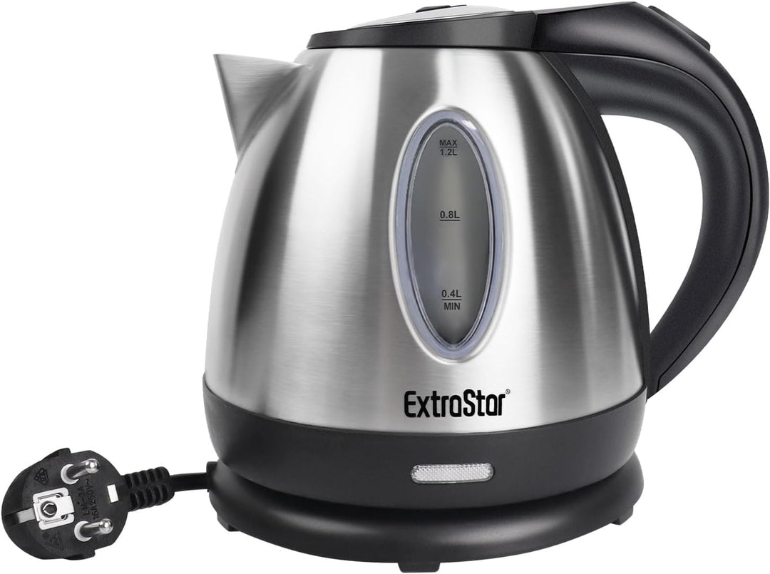 EXTRASTAR Elektrischer Wasserkocher, 1,2 l, 1630 W, Edelstahl, automatische Abschaltung, 360° drehba