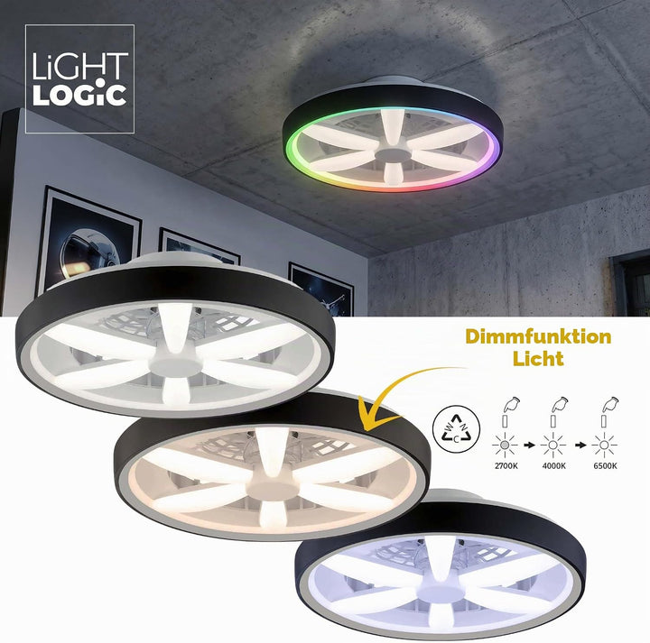 Deckenventilator mit Beleuchtung 48W - Ø 48cm, dimmbare LED Deckenleuchte mit Ventilator, RGB, warm-