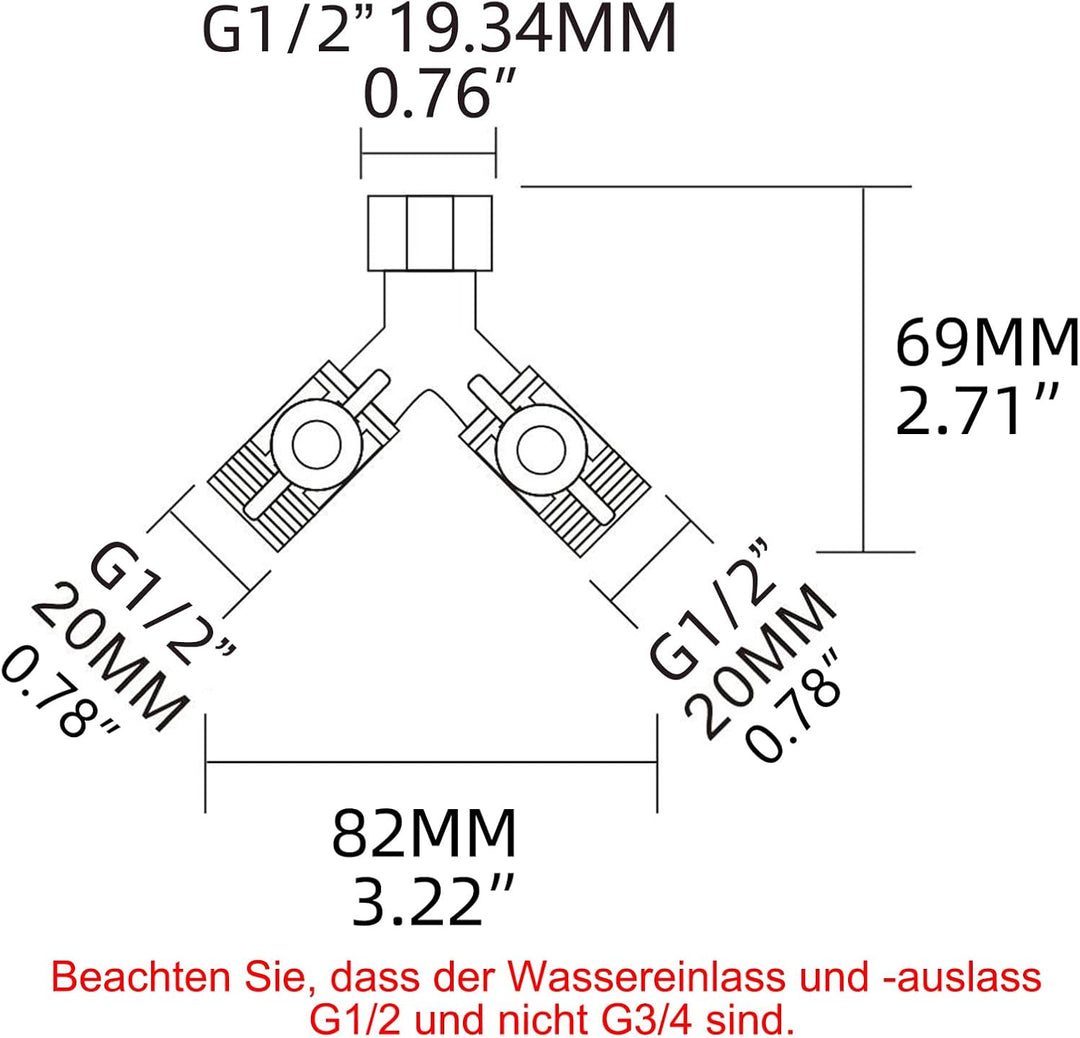 Tecmolog 3 Wege Umschaltventil 1/2 Zoll Messing Y-Verteilerstück mit Absperrhähnen für Duschkopf und
