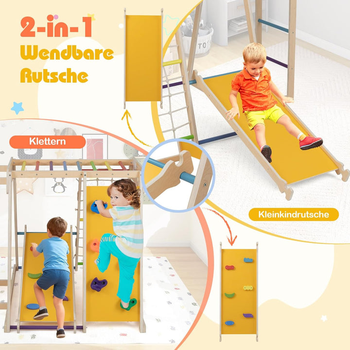 COSTWAY Klettergerüst Indoor, 6 in 1 Kletterleiter & Kletterstrick & Kletterfelsen & Rutsche & Affen