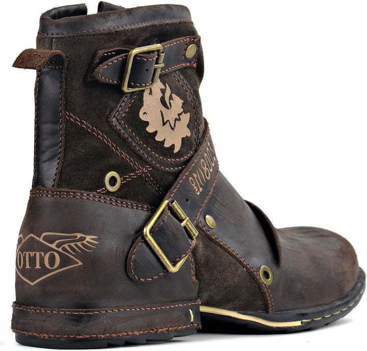 OSSTONE Herren Leder chukkastiefel Worker Biker Boots-Motorrad-Leder-Schuhe für reissverschluss Schn